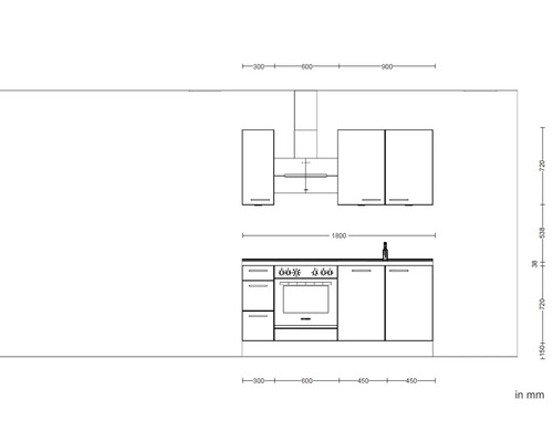 Skizze einer Küchenzeile mit Ober- und Unterschränken inklusive Maße in Millimeter.