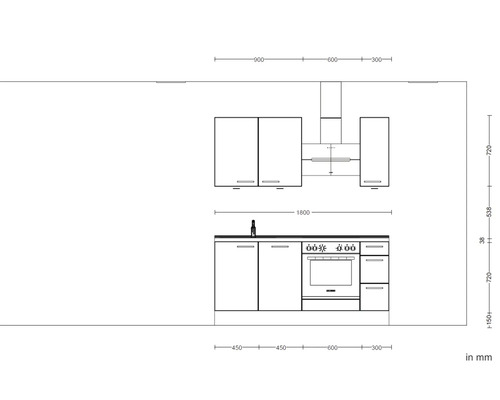 Skizze einer Küchenzeile mit Maßen in Millimetern.