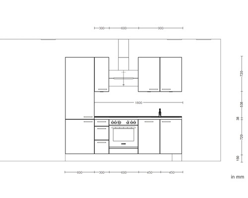 Skizze einer Küchenzeile mit Ober- und Unterschränken sowie Maße in Millimeter