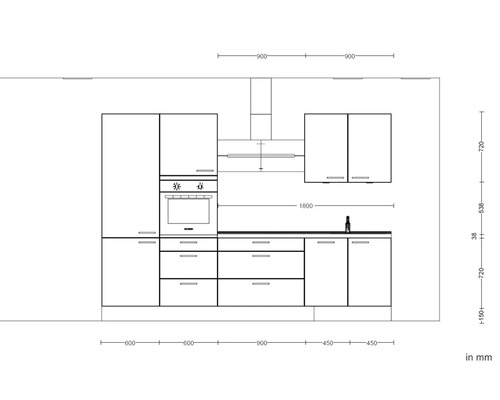 Skizze einer Küchenzeile mit Elektrogeräten und Maßen in Millimeter.