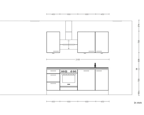 Skizze einer Küche mit Maßen für die Planung