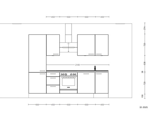 Skizze einer Küchenzeile mit Maßen.