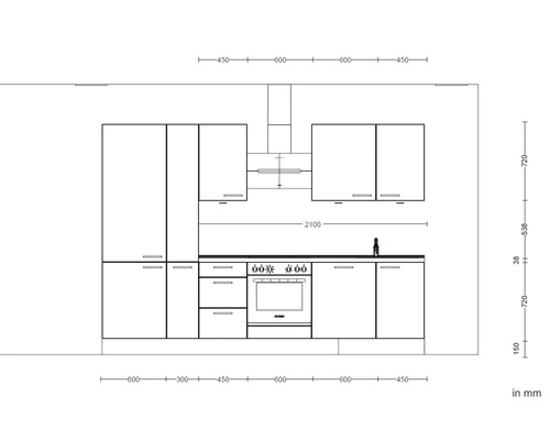 Skizze einer Küche mit Maßen in Millimeter.