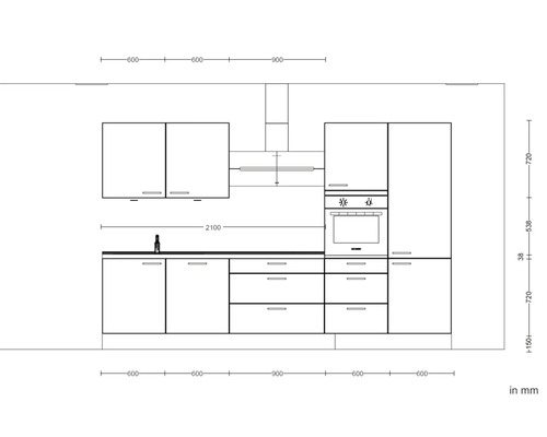 Küchenplanung mit Spüle, Herd, Dunstabzugshaube und Schränken in millimetergenauer Darstellung