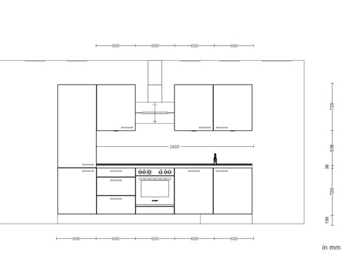 Skizze einer Küchenzeile mit Ober- und Unterschränken sowie Herd und Dunstabzugshaube mit Maßangaben in Millimeter
