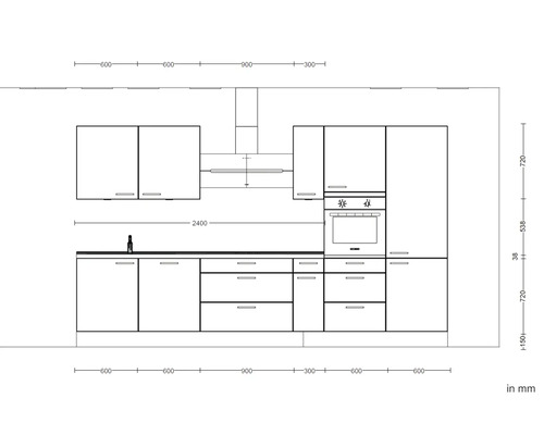 Skizze einer Küchenzeile mit Schränken, Spüle, Herd und Dunstabzugshaube mit Maßangaben in Millimetern