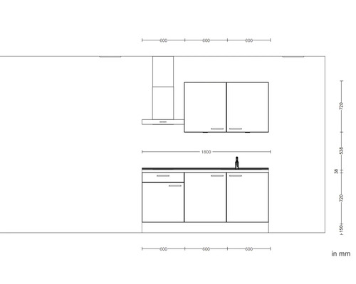 Skizze einer Küchenzeile mit Spüle, Dunstabzugshaube und Maßen