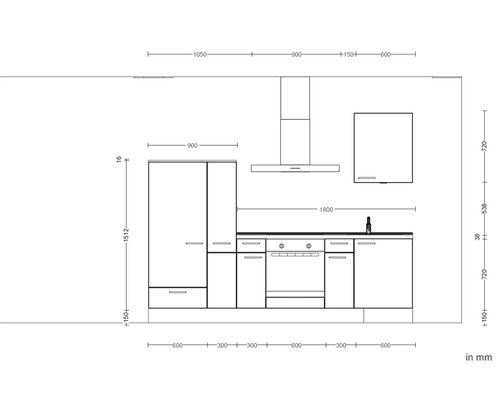 Skizze einer Küchenzeile mit Maßen in Millimeter.