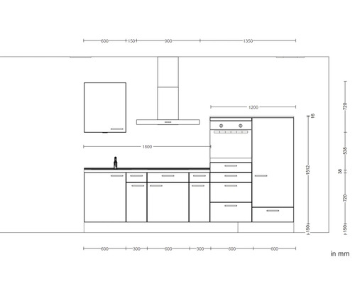 Skizze einer Küchenzeile mit verschiedenen Maßen in Millimetern.