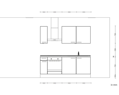 Küchenplanung mit Unterschränken, Hängeschränken und Dunstabzugshaube