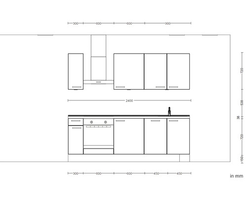 Küchenplanung mit Schränken, Dunstabzugshaube, Spüle und Herd mit Maßangaben in Millimeter