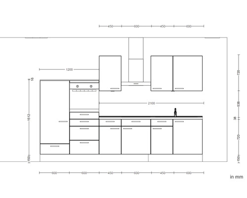 Technische Zeichnung einer Küchenzeile mit Maßangaben