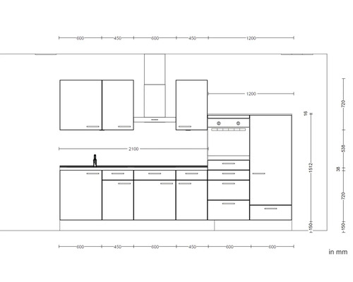 Skizze einer Küchenzeile mit Maßen in Millimeter
