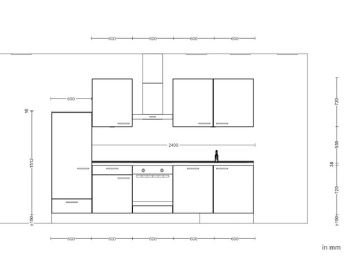 Skizze einer Küche mit verschiedenen Maßen in Millimeter