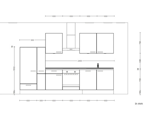 Skizze einer Küchenzeile mit Maßen in Millimetern.
