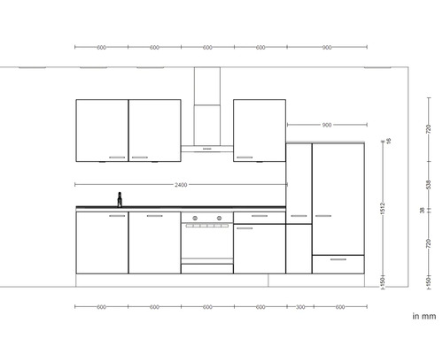 Plan einer Küche mit Maßen in Millimeter.