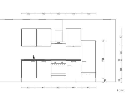 Skizze einer Küchenzeile mit Maßen in Millimeter