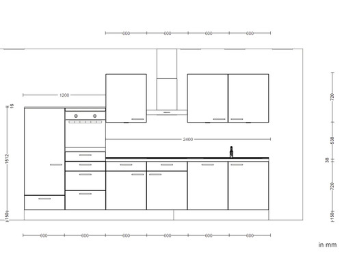 Skizze einer Küchenzeile mit Maßen