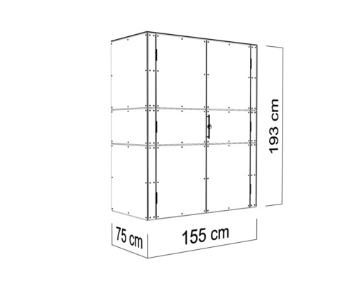 Detaillierte Darstellung eines Schranks mit den Maßen 193 cm Höhe, 155 cm Breite und 75 cm Tiefe.