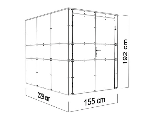 Darstellung eines Gerätehauses mit den Maßen 229 cm Breite, 155 cm Tiefe und 192 cm Höhe.
