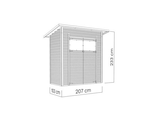 Zeichnung eines Gerätehauses mit den Maßen 233 mal 207 mal 103 Zentimeter.