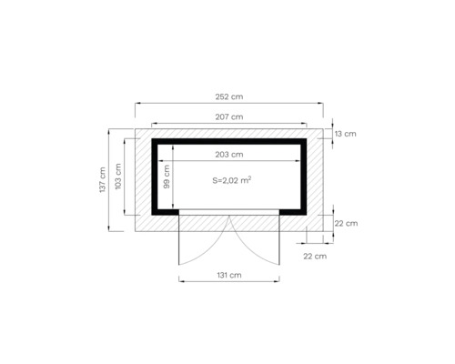 Technische Zeichnung mit den Abmessungen eines Gartenhauses