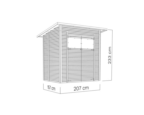 Abbildung eines Gerätehauses mit den Maßen 157 mal 207 mal 233 Zentimeter