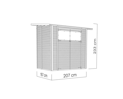 Illustration eines Gerätehauses mit den Maßen 233 cm Höhe, 157 cm Tiefe und 207 cm Breite