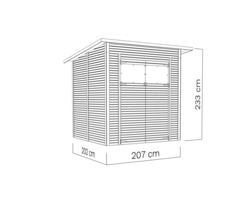 Gartenschrank aus Holz mit den Maßen 202 mal 207 mal 233 Zentimeter.
