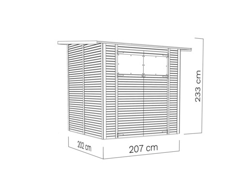 Illustration eines Gerätehauses mit den Maßen 233 cm Höhe, 207 cm Breite und 202 cm Tiefe.