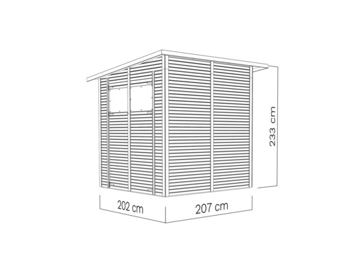 Abbildung eines Gartenhauses mit den Maßen 202 cm x 207 cm x 233 cm.