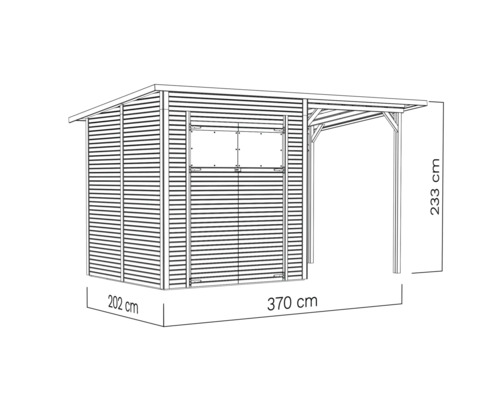 Illustration eines Gerätehauses mit Vordach und den Maßen 202 mal 370 mal 233 Zentimeter.