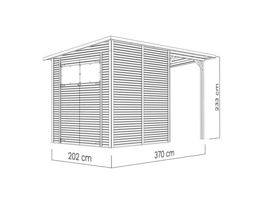 Illustration eines Gartenhauses mit einer Breite von 202 Zentimetern, einer Tiefe von 370 Zentimetern und einer Höhe von 233 Zentimetern.