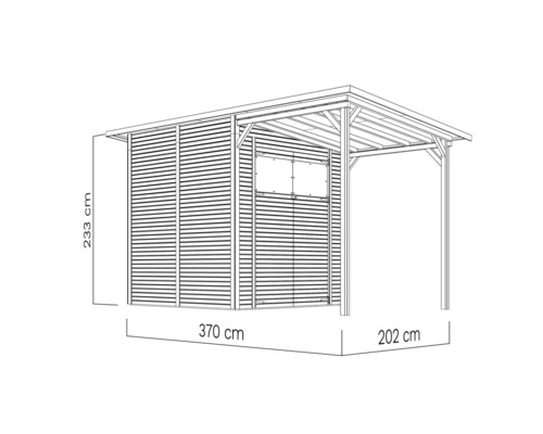 Abbildung eines Gartenhauses mit den Maßen 233 cm Höhe, 370 cm Länge und 202 cm Breite.
