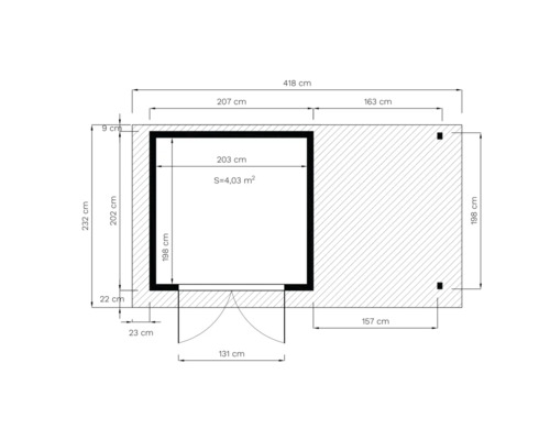 Grundriss eines Gartenhauses mit Maßangaben