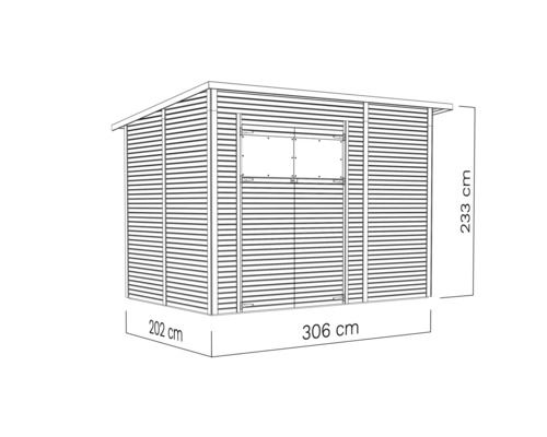 Illustration eines Gartenhauses mit den Maßen 202 cm x 306 cm x 233 cm.