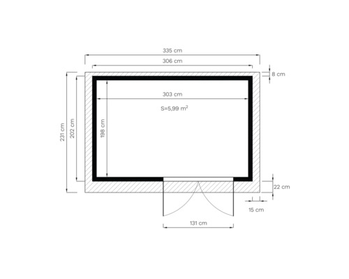 Grundrisszeichnung eines Gartenhauses mit Maßangaben