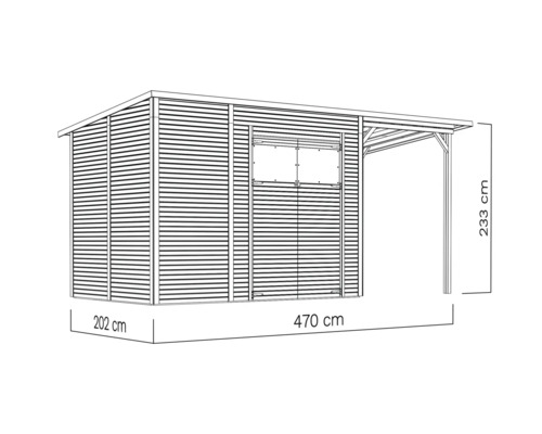 Abbildung eines Gartenhauses mit Anbaudach und Maßangaben.