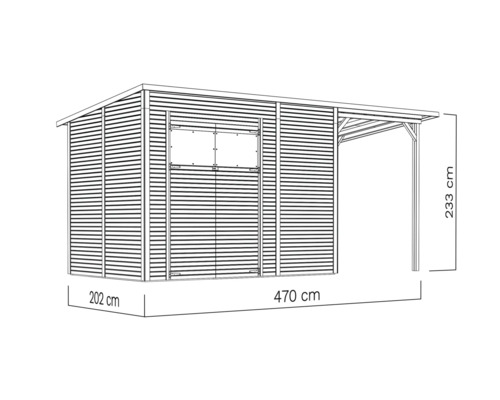 Abbildung eines Gerätehauses mit Vordach und Maßangaben
