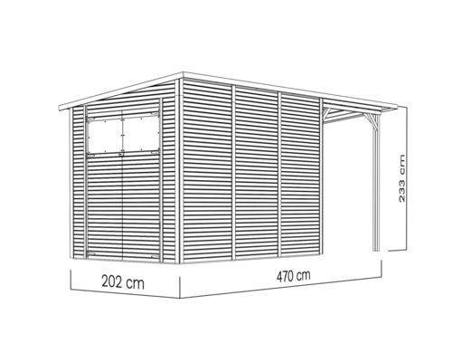 Illustration eines Gerätehauses mit Abmessungen 202 cm Breite, 470 cm Länge und 233 cm Höhe.