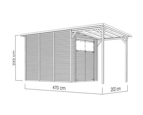 Illustration eines Gerätehauses mit einer Höhe von 233 cm, einer Breite von 470 cm und einer Tiefe von 202 cm.