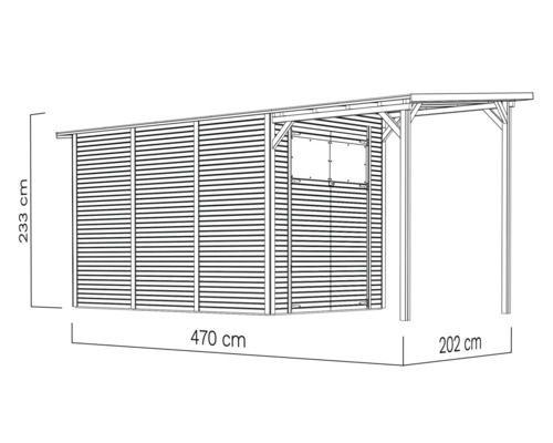 Illustration eines Gerätehauses mit den Maßen 233 x 470 x 202 cm