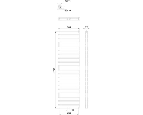 Technische Zeichnung eines Handtuchwärmers mit Maßangaben.