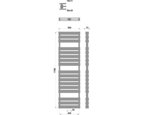 Technische Zeichnung eines Heizkörpers mit Maßangaben.