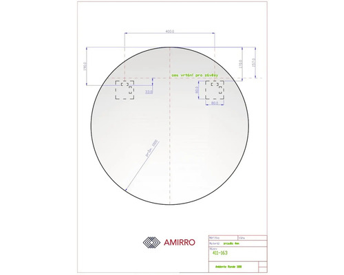 Technische Zeichnung eines runden Spiegels mit Maßangaben