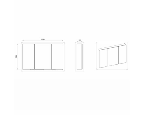Technische Zeichnung eines Spiegelschrankes mit den Maßen 1100 x 700 x 150 Millimeter.