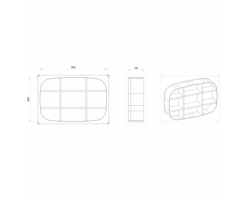 Technische Zeichnung eines Wandregals mit neun Fächern und abgerundeten Ecken, Maße 600x400x135 Millimeter.