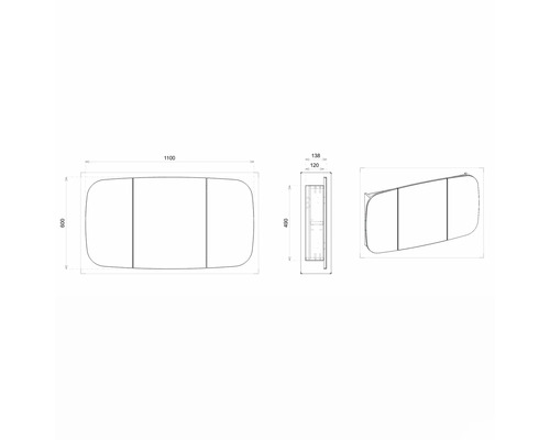 Technische Zeichnung eines Spiegelschrankes mit Maßangaben