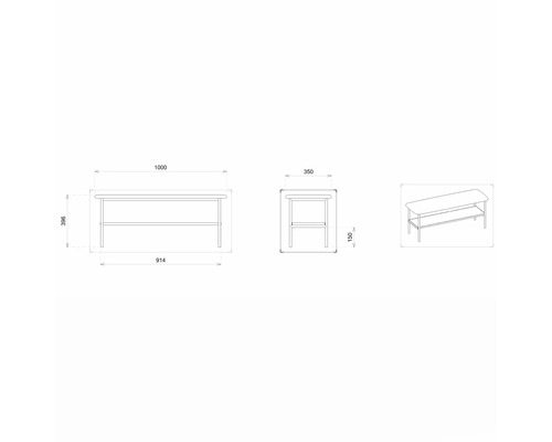 Zeichnung eines Tisches mit den Maßen 1000 x 350 x 396 mm