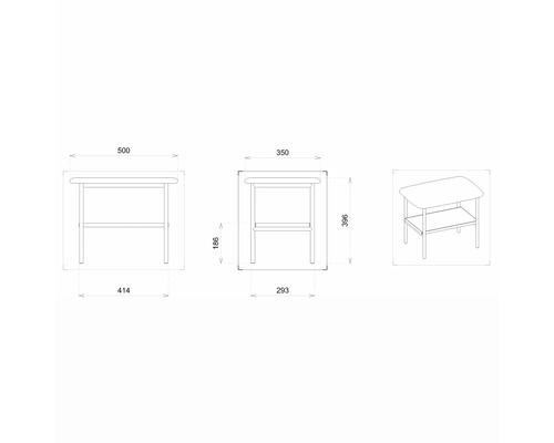 Technische Zeichnung eines Beistelltisches mit den Maßen 500 x 414 x 396 Millimeter